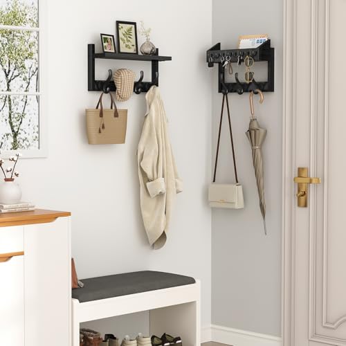 Evermagin 29" Coat Rack Wall Mount with Shelf, 4 in 1 Coat and Key Hanger with 11 Metal Hooks, Entryway Wall Mounted Shelf with Mail Holder for Living Room, Bedroom, Black - color: Black, size: 29 inch