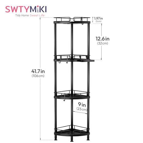 SWTYMIKI Corner Shower Caddy Standing - 4 Tier Stainless Steel Shower Organizer Stand with 4 Hooks & Soap Holder, Rustproof Metal Standing Tall Floor Shower Shelf and Bathroom Organizer, Black - color: Black-4 tier