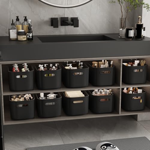 ORGIDOL 10 Pack Black Plastic Storage Bins, Storage Container for Organizing, Storage Boxes with Handle for Shelves, Cute Organizer Bins for Craft, Snacks, Pantry, Cabinet, 9.69x6.7x5.7 inch - color: Black, size: 10Pack