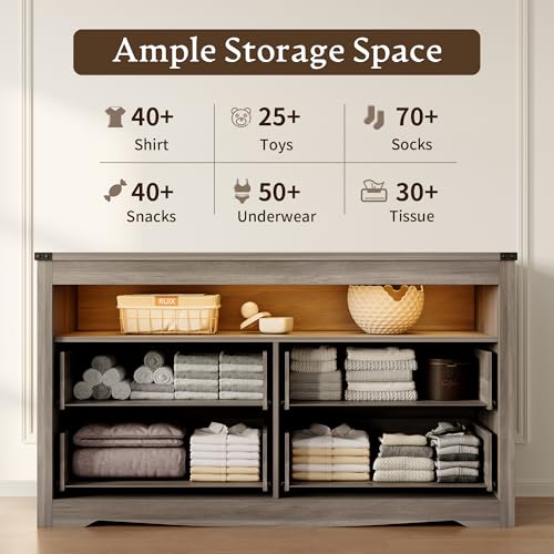 Dresser for Bedroom with 4 Drawers, Farmhouse Chest of Drawers with Natural Texture and LED Lights, Wide Wood Rustic Closet Storage Organizer, Modern Dresser TV Stand for Living Room, Entryway, Grey - color: Grey, size: 13.8"D x 47.2"W x 29.5"H (4 Drawers