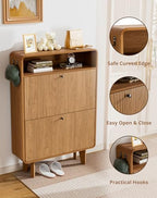 Fluted Shoe Cabinet with 2 Flip Drawers, Narrow Shoe Rack with Open Storage & Hooks, Freestanding Hidden Organizer Shoe Storage for Entryway, Hallway, Walnut