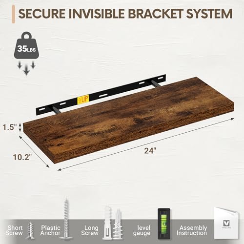 Vivelove 10 Inch Deep Floating Shelves 24 inch Long, 24 x 10 Wide Wall Shelves with Invisible Brackets, for Bedroom Bathroom Living Room Kitchen Office, Farmhouse Home Decor, Set of 2, Rustic Brown - color: Rustic Brown, size: 23.6”Wx10.2”Dx1.5”H