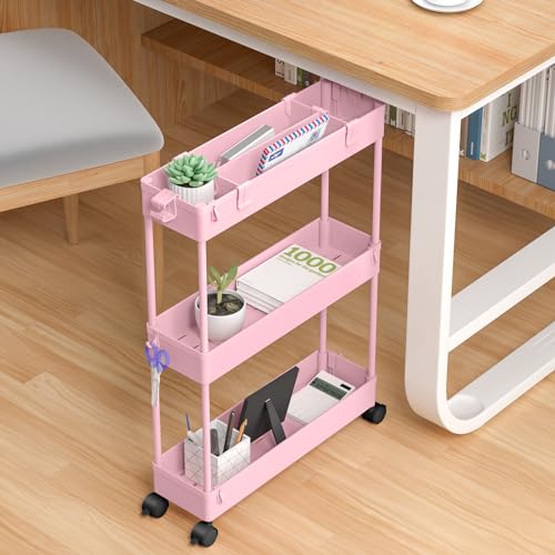 SPACELEAD Slim Storage Cart 3 Tier,Bathroom Organizer Rolling Utility,Mobile Shelving Unit Slide Out for Office, Kitchen, Laundry Room & Narrow Places,Pink - color: Pink