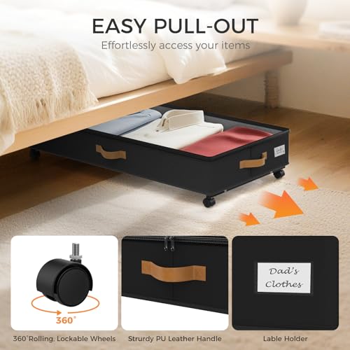 Under Bed Storage with Wheels 4-Pack, 75L XXL Under the Bed Storage Containers Large, 12" Tall Adjustable Storage for Underbed with Lids, Rolling for Shoes, Clothes, Blankets (4PCS-Black) - color: 4PCS-Black