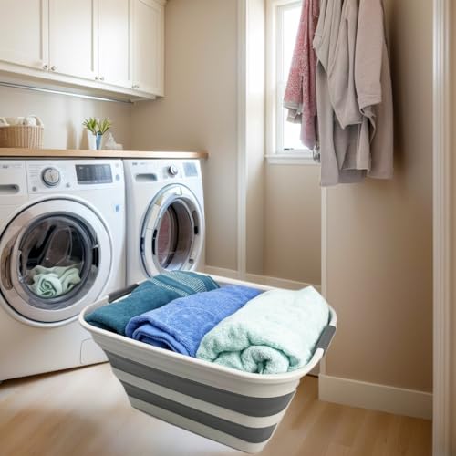 SMMART Collapsible Plastic Laundry Basket with Handle/Foldable Pop Up Storage Hamper/Portable Laundry Organizer-Space Saving Washing Tub/Household Storage Supplies (Grey/Steel Grey, 27L (Set of 2)) - color: Grey/Steel Grey, size: 27L (Set of 2)