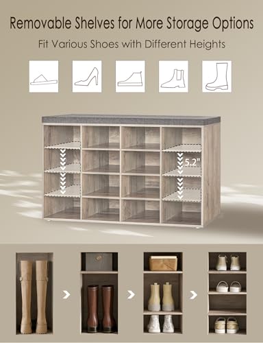 DINZI LVJ Shoe Storage Bench with Cushion, 16-Cubby Shoe Rack, Adjustable Shelves, Multifunctional Shoe Organizer Bench for Entryway, Mudroom, Hallway, Living Room, Bedroom and Garage, Greige - color: Greige, size: 16 Cubby