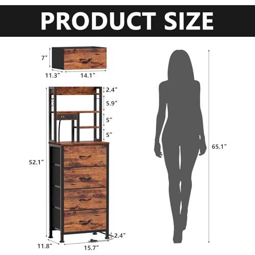Furnulem Tall Night Stand, LED Nightstand with Charging Station and USB Ports, 4 Fabric Drawers and 4 Tier Storage Shelf, Bedside Table for Bedroom, Home, Dorm, Office (Rustic Brown) - color: Rustic Brown, size: 4 Drawer