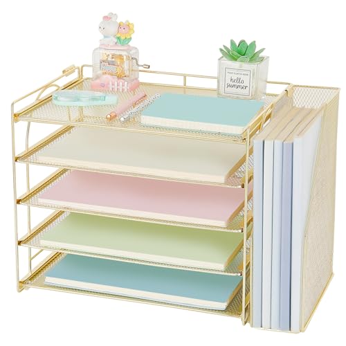 AUPSEN Gold Desk Organizers and Accessories, 5-Tier Desktop Paper File Organizer with Removable File Holder, Desk Accessories & Workspace Organization for Home Office Supplies (Gold) - color: Gold