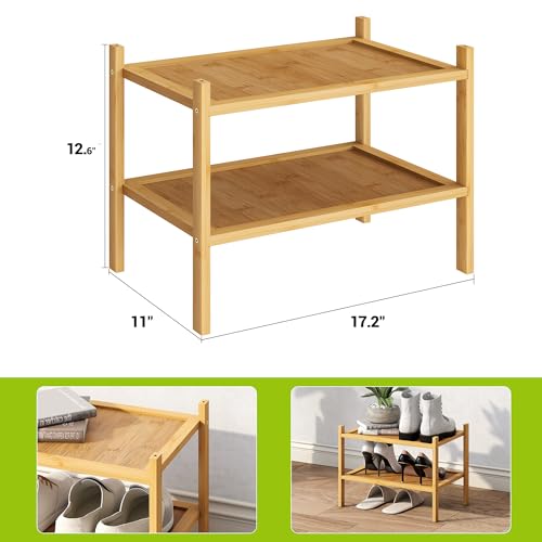 BMOSU 2-Tier Bamboo Small Shoe Rack Premium Stackable Shoe Shelf Storage Organizer for Hallway Closet Living Room Entryway Organizer(Natural) - color: Natural, size: Small-2-Tier（17*11*12.6inches）