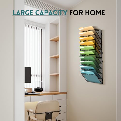 SUPEASY 10 Tier Wall File Organizer, Hanging Wall Mounted Mail Organizer with Label Slots, Metal Mesh File Holder Magazine Rack for Office, Home, School or Classroom, Black - color: Black, size: 10-Tier
