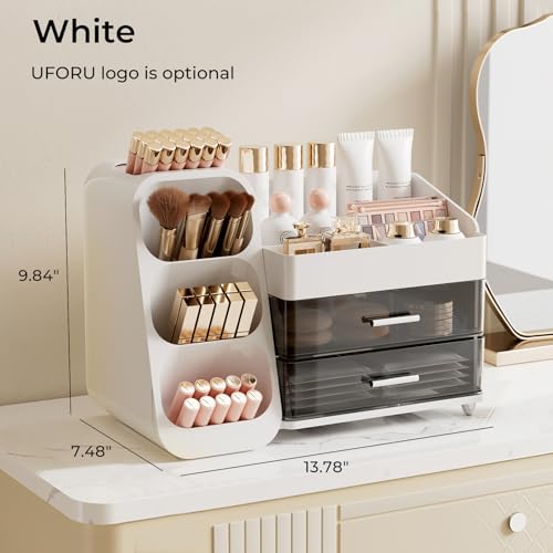 Makeup Organizer for Vanity with Brush Holder, Large Plastic Bathroom Countertop Skincare Organizer with 2 Drawers, Spacious Cosmetic Display Case for Perfumes, Eyeshadow Palettes, Nail Polishes - color: White, size: Large