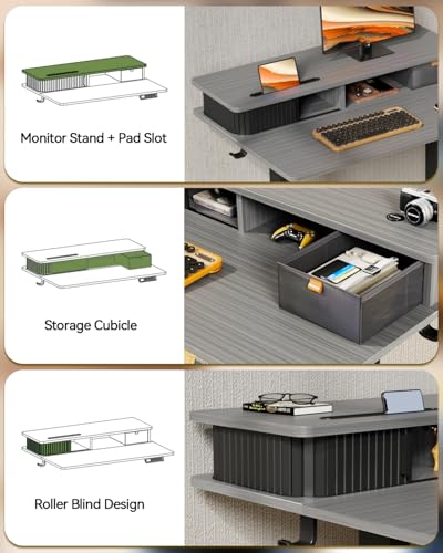 JOY worker Small Electric Standing Desk, 35" x 25" Height Adjustable Table with Built-in Monitor Stand & Storage Drawer, Grey Sit Stand Desk with 2 Hooks for Home Office - color: Grey, size: 35inch