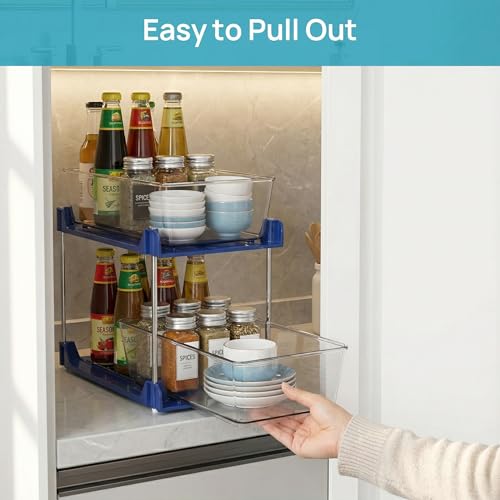 2 Pack Bathroom Organizer,2 Tier Blue Under Sink Organizers Vanity Countertop Storage Container,Cabinet Drawers Bins, Pull-Out Organization with Track for Pantry, Kitchen - color: Blue, size: 2 Pack