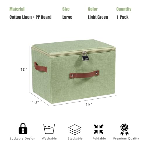 Storage Bins Boxes with Zipper Lid Combination Lock PU Leather Handles Cotton Linen Fabric Lidded Lockable Baskets Foldable Washable Closet Shelf Organizer Container (Light Green, Large) - color: Light Green, size: Large ( Set of 1 )