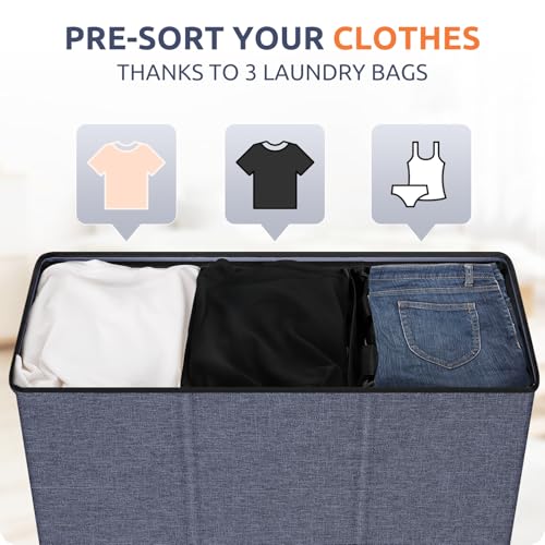 SOLEDI 180L 3-Section Laundry Hamper with Lid, Extra Large Dirty Clothes Basket with Sturdy Handles for Laundry Room & Bedroom - Durable Organizer for Sorting Laundry - color: Navy blue, size: 180L
