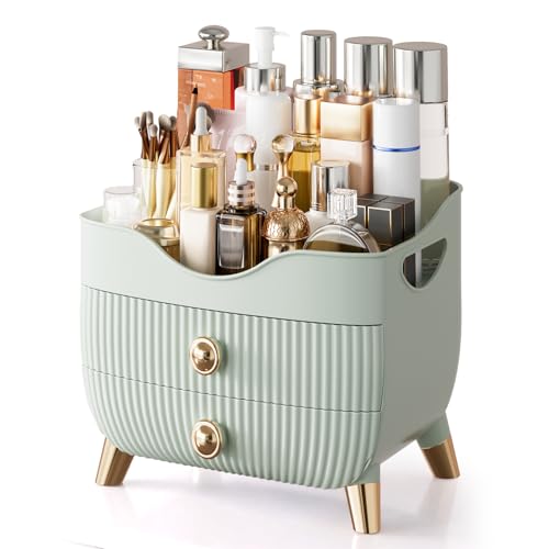 Makeup Organizer for Vanity, Large Capacity Skincare Cosmetic Organizer Countertop with 2 Drawers, Cosmetic Display Cases Makeup Storage Box for Bedroom, Bathroom, Ideal Gifts for Women(Green) - color: Green