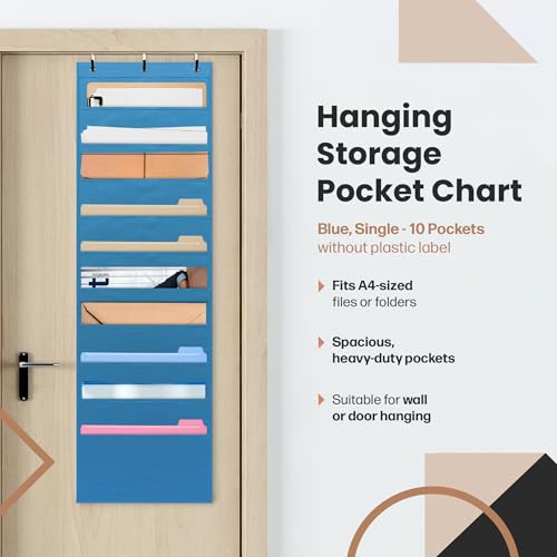 Hippo Creation Heavy Duty Storage Pocket Chart for Classroom, 10 Pocket Storage Organizer with 3 Over-Door Hangers, Hanging Wall Organizer for File Folders, School Mailbox, Home Office Papers - Blue - color: Blue - (10 Pockets)