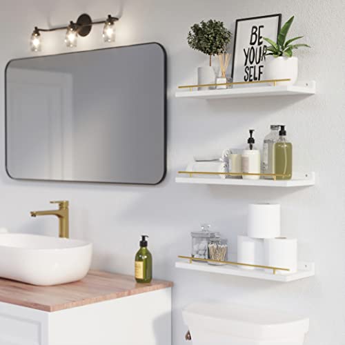 WOPITUES Floating Shelves with Gold Metal Guardrail, Shelves for Wall Decor Set of 3, Wall Shelves for Bedroom, Bathroom, Kitchen, Living Room, Plants, Picture Frames, Art- White and Gold - color: White and Gold, size: 15.7 inch