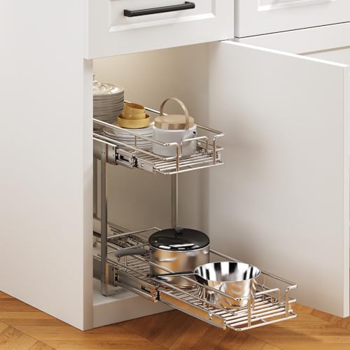 2 Tier Individual Pull Out Cabinet Organizer 5½" W x 21½" D, Heavy Duty Cabinet Pull Out Shelves, Slide Out Drawers Organization for Kitchen Cabinets Bathroom - color: 2 Tier, size: 5½"W x 21½"D