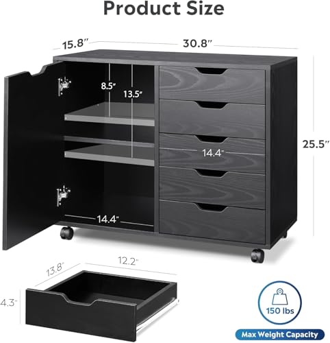 5-Drawer Wood Drawer Cabinet, Office Storage Cabinet with Adjustable Shelf & Wheels, Printer Stand for Home Office, Black, 15.7" D x 30.7" W x 25.4" H - color: Black
