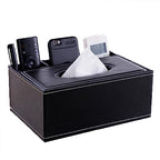 PU Leather Tissue Box Cover - Multifunctional Tissue Box Holder with Stationery Remote Control Box - Elegant and Stylish Home Napkin Holder Desktop Tissue Paper Holder Desk Storage Organizer (Black)