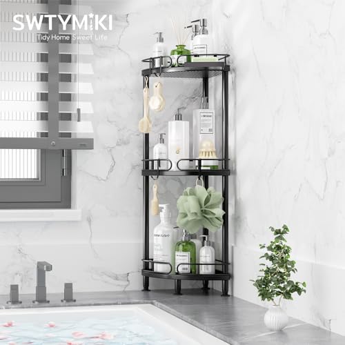 SWTYMIKI Corner Shower Caddy Standing - 3 Tier Rustproof Metal Shower Organizer Stand with Soap Holder and 4 Hooks, Freestanding Floor Shower Storage Stands for Bathroom, Black - color: Black-3 tier