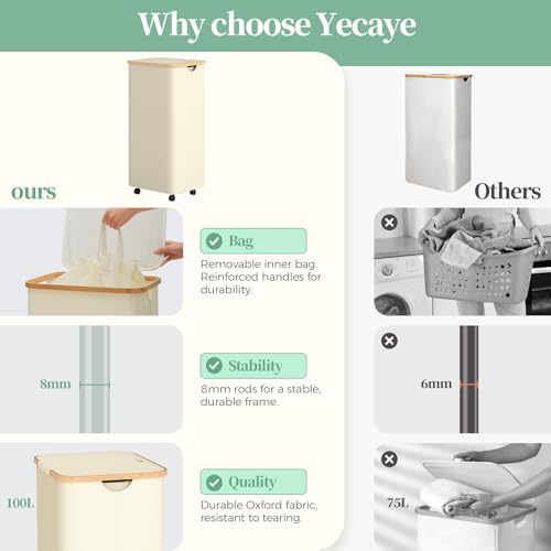 Yecaye 100L Large Capacity Laundry Hamper – Foldable Rolling Laundry Basket, Mobile Clothes Hamper with Wheels, Removable Inner Bag, Bamboo Handle Lid Laundry Bin – Multi-Use Storage,Beige - color: beige