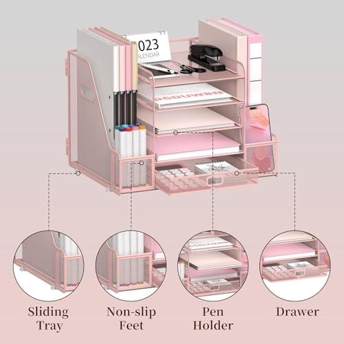 SUPEASY Mesh Desk Organizer with File Holder, 5-Tier Paper Letter Tray Organizer with Magazine Holder, Desktop Organizer and Storage with Drawer for Office Supplies Home or School (2Pack-Pink) - color: 2Pack-Pink