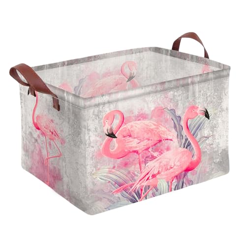 Flamingo Storage Basket Waterproof Canvas Toy Storage Bin Home Flamingo Decor Collapsible Outdoor Basket with Leather Handles Flamingos Gifts Blanket Baskets For Closets,Bedrooms,Bathroom - color: Flamingo