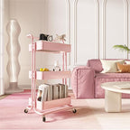 3 Tier Rolling Storage Cart, Metal Rolling Utility Cart with Wheels, Multifunctional Sturdy Organizer for Snack Cart, Craft Art Supplies, Kitchen, Bathroom, Office, Nursery Diaper - color: Pink