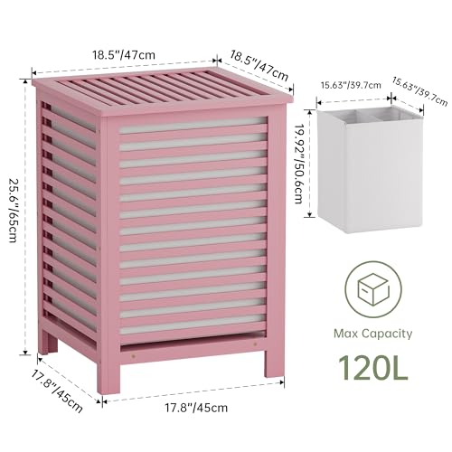 SMIBUY Double Laundry Hamper with Lid, 120L Bamboo Laundry Basket with Removable Liner Bag, 2-Section Clothes Divider Laundry Sorter for Laundry Room, Bathroom, Bedroom (Pink) - color: Pink