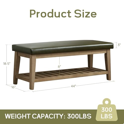 HUIMO Entryway Shoe Bench with Cushion, End of Bed Bench,Upholstered Bench for Kitchen, Bench with Solid Wood Shelf, Leather Ottoman Bench for Hallway, Living Room (PU-Green) - color: Pu-green