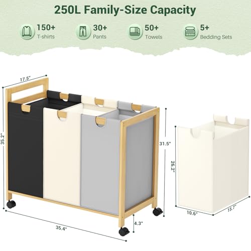 Homykic 250L Laundry Sorter Cart with Wheels, 3-Section Rolling Laundry Basket with Removable Bags, 66 Gal Large Laundry Hamper Organizer, Heavy Duty Bamboo Frame, Water-Resistant, Multicolor - color: Multicolor