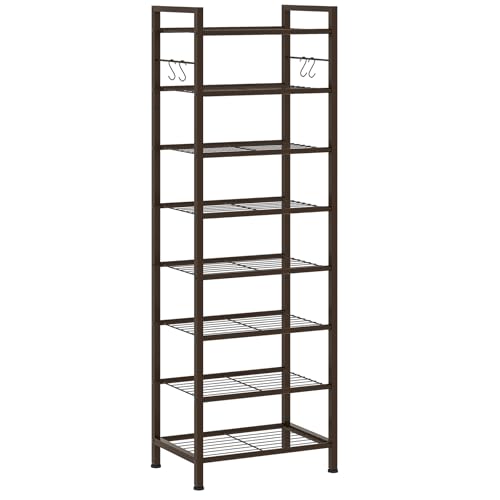usikey 8 Tiers Narrow Shoe Rack 16-24 Pairs, Sturdy Metal Tall Shoe Rack with 4 Hooks, Slim Shoe Storage Organizer with Metal Shelf, Space Saving Vertical Shoe Shelf for Entryway BronzeUNYXJX016A - color: 8 Tier ( 17.9 X 11 X 55.5 Inches)-bronze