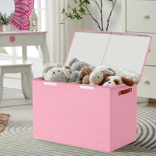 Bagnizer Large Toy Storage Box with Lids, Collapsible Sturdy Baby Storage Organizer Chest Bin Basket for Kids, Boys, Girls, Playroom, Nursery, Bedroom, Closet 25"x13"x16" (Pink) - color: Pink