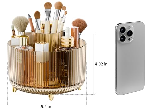 Clear Rotating Makeup Organizer Countertop for Vanity, 360° Makeup Brush Holder Organizer with 5 Compartments, Transparent Cosmetic Storage for Lipstick, Skincare, Bathroom Counter (Transparent Amber) - color: Transparent Amber