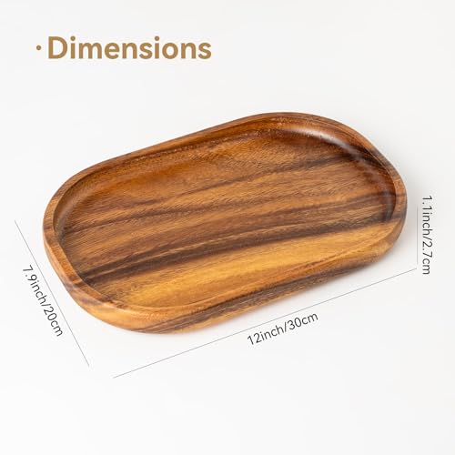 Acacia Oval Wooden Valet Tray for Men Women, Acacia Wood Serving Tray Key Dump Bedside Nightstand Dresser Organizer EDC Catch All Decorative Wooden Tray for Phone Wallet Keys Jewelry (12 x 7.9 Inch)