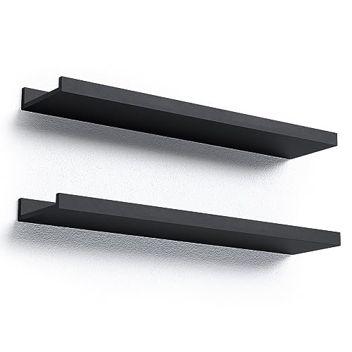 Boswillon Long Floating Shelves, 2 Set Modern Black Wall Shelf for Bedroom, Nursery Book Shelf with Lip, Picture Ledge Shelf for Living Room Bathroom Kitchen - Black,23.6 In - color: Black, size: 23.6 In