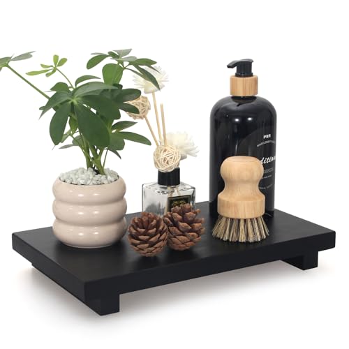 Black Bathroom Counter Tray Organizer Wood Risers Stand Kitchen Sink Trays Dish Soap Dispenser Holder for Countertop Modern Wooden Pedestal Display Farmhouse Bathroom Decor Accessories Vanity Tray - color: Black, size: 12" x 7" x 1.6"