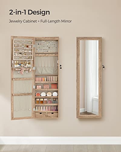 SONGMICS 6 LEDs Mirror Jewelry Cabinet, 47.2-Inch Tall Lockable Wall or Door Mounted Jewelry Armoire Organizer with Mirror, 2 Drawers, 3.9 x 14.6 x 47.2 Inches, Toasted Oak Color UJJC093N01 - color: Toasted Oak Color