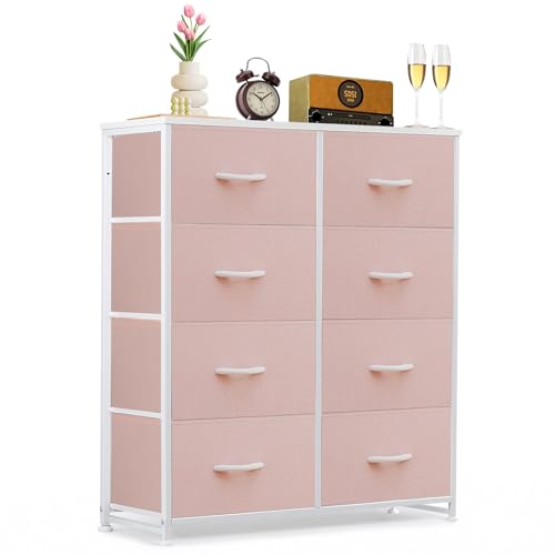 8-Drawer Dresser for Bedroom, Anti-Tip Tall Storage Organizer Chest of Drawers with Wooden Top and Metal Frame Fabric Bins for Closet, Living Room, Hallway, Entryway, Pink - color: Pink, size: 11.8"D x 31.4"W x 36.3"H (8 Drawers)