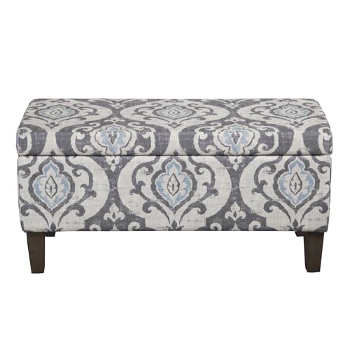HomePop Large Upholstered Rectangular Storage Ottoman Bench with Hinged Lid, Slate Damask - color: Slate Damask