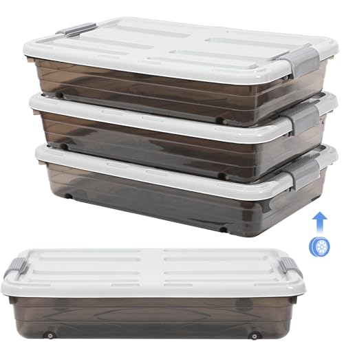 Beeveer 4 Pcs Plastic Under Bed Storage Containers with Lid Wheel Handle, Transparent Large Capacity Stackable Latching Storage Bins for Closet Bedroom Clothes Shoes (Brown,23.7 x 15.8 x 5.2) - color: Brown