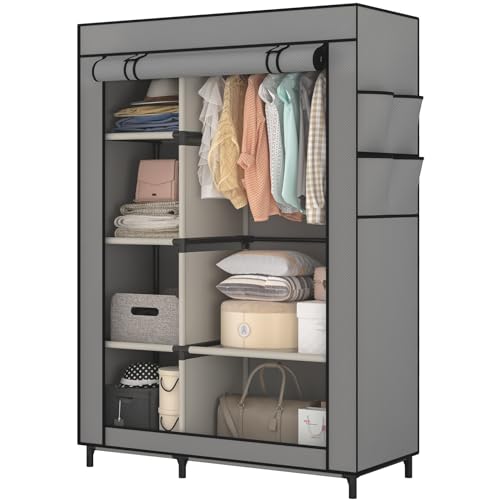 Calmootey Portable Closet Organizers, Clothing Storage, Wardrobe with 6 Shelves and Hanging Rod, Non-Woven Fabric Cover with 4 Side Pockets, Grey - color: Grey