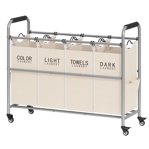 Tajsoon 4 Bag Laundry Sorter Cart, 4 Section Laundry Hamper Sorter with Heavy Duty Lockable Rolling Wheels, Laundry Separator Hamper with Removable Bags for Dirty Clothes Storage, Beige - color: Beige