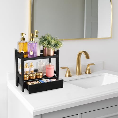 Sorbus Bamboo Bathroom Counter Organizer – 2-Tier Shelf with Hidden Drawer for Vanity, Matcha Station, Bathroom Sink Organizer Countertop, Kitchen & Office Storage (13″ L x 6.5″ W x 12.6″ H) (Black) - color: Black, size: 13" x 6.5" x 12.6"
