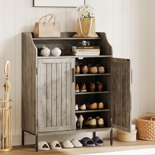 Patikuin Shoe Storage Cabinet for Entryway, 5-Tier Gray Shoes Cabinet w/Doors and 3 Adjustable Shelves, 41" Tall Wood Shoe Rack for Closet, Modern Shoes Organizer for Entryway, Hallway, Living Room - color: Grey