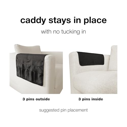 No Tuck Armchair Caddy with Matching Pin Fasteners - 19 x 24 Inches - No Tucking, No Slipping - Armrest Organizer for Recliner and Couch (Black) - color: Black