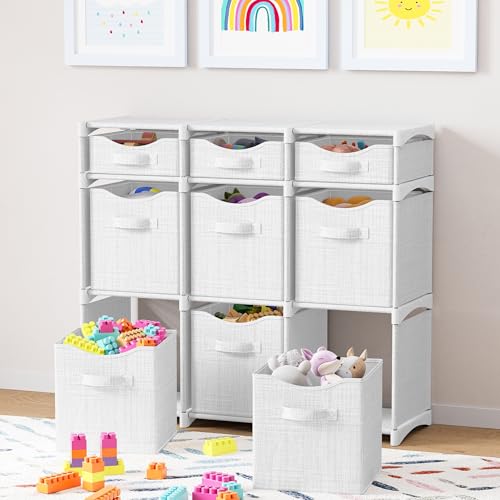 Cube Storage Organizer with Storage Bins Included - The Perfect Closet Organizers and Storage Solution. Includes 9 Storage Cubes, Great For Toy Storage, Closet Storage, Clothes Storage (White-Grey) - color: White-Grey, size: 9 Storage Cubes