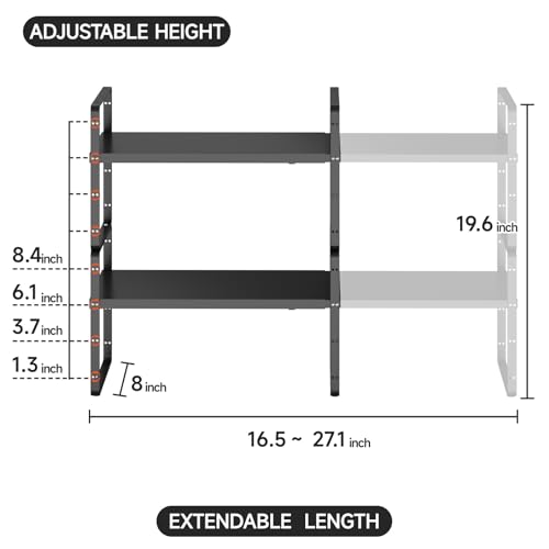 2Pack 16.5-27’’L Expandable Cabinet Shelf Organizers, Stackable Metal Shelves Extender for Kitchen Countertop Storage, Adjustable Spices Shelves Rack Stand for Cupboard Pantry, Black - size: 2Pack-Common-8''Wx(16.5-27'')Lx9.6''H-Black